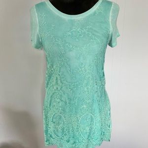 Daytrip Lacey Crochet Teal Top